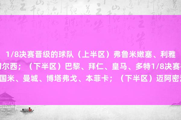 1/8决赛晋级的球队（上半区）弗鲁米嫩塞、利雅得眉月、帕尔梅拉斯、切尔西；（下半区）巴黎、拜仁、皇马、多特1/8决赛被淘汰球队（上半区）国米、曼城、博塔弗戈、本菲卡；（下半区）迈阿密海外、弗拉门戈、尤