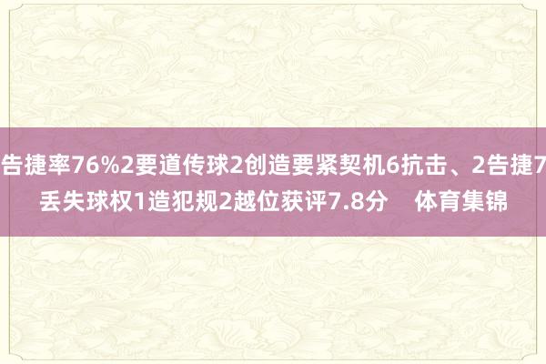 告捷率76%2要道传球2创造要紧契机6抗击、2告捷7丢失球权1造犯规2越位获评7.8分    体育集锦
